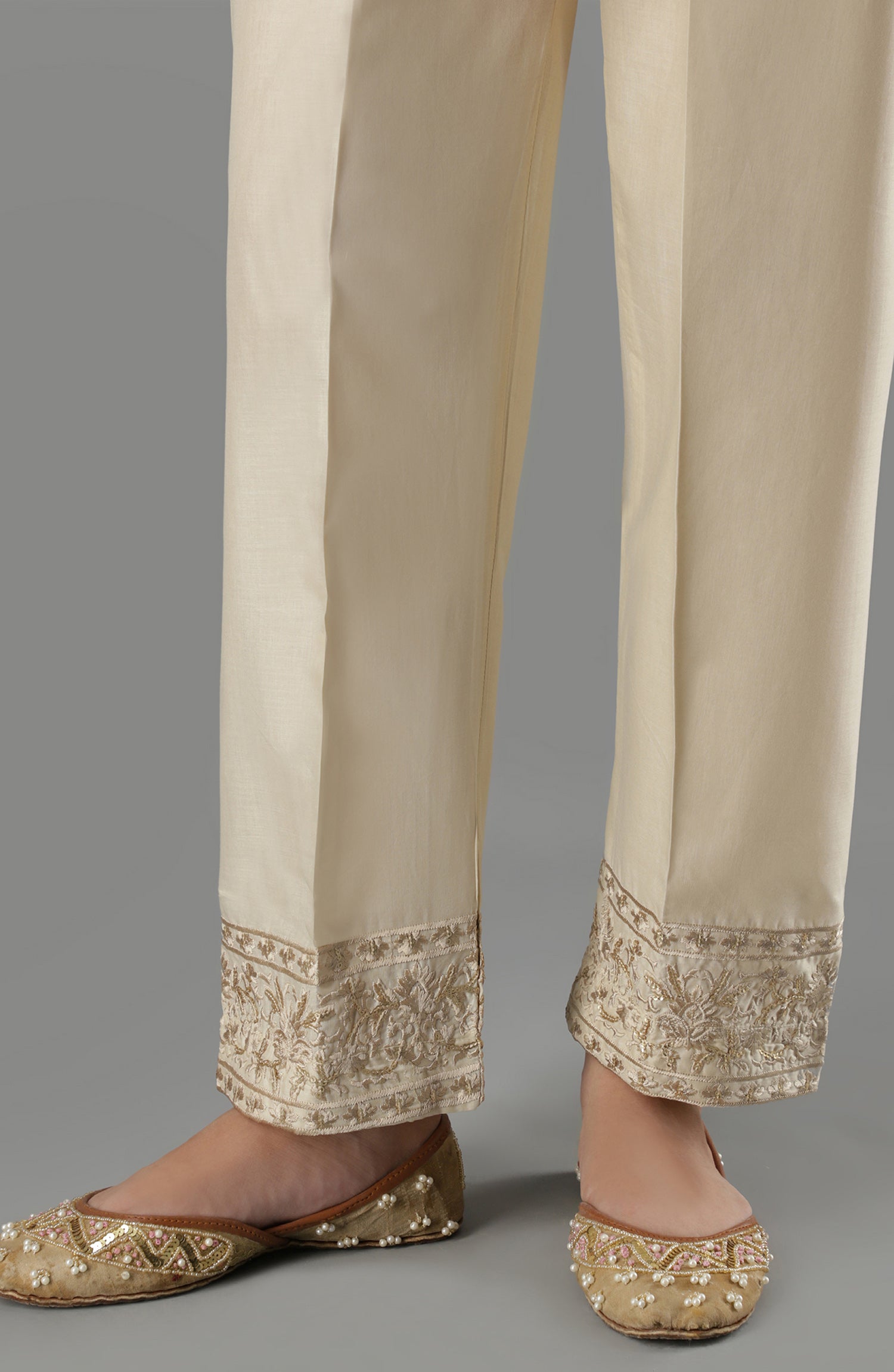 Stitched Bottoms 1 Piece Embroidered Cambric Pants (NRPE-66/S BEIGE)