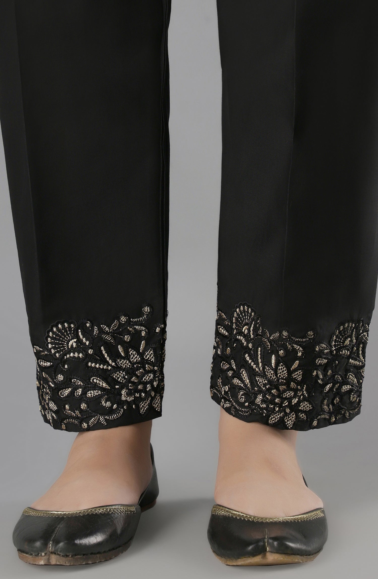 Stitched Bottoms 1 Piece Embroidered Cambric Pants (NRPE-69/S BLACK)