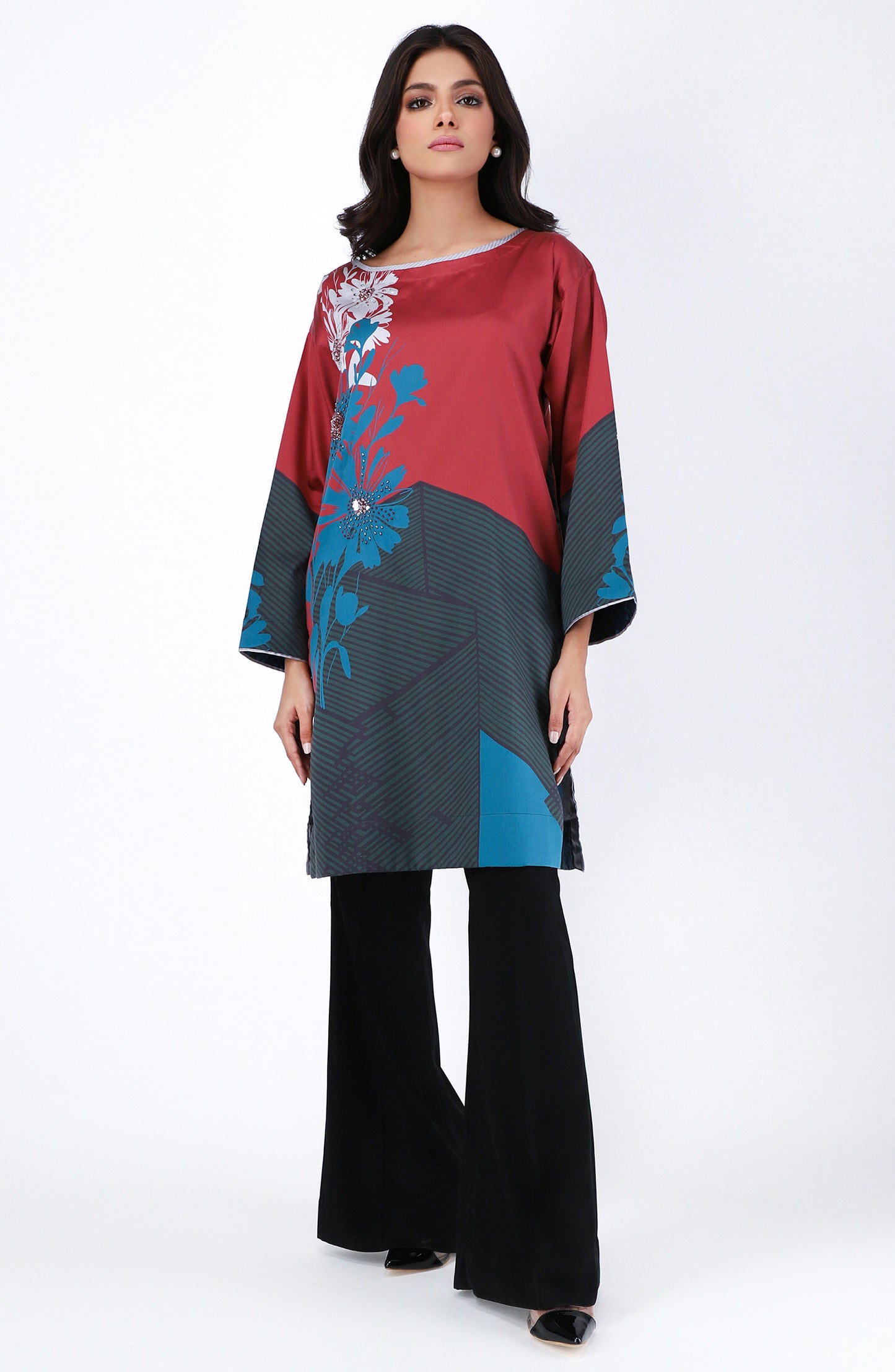 Stitched 1 Piece Embroidered Cotton Satin Shirt (NRD-015)