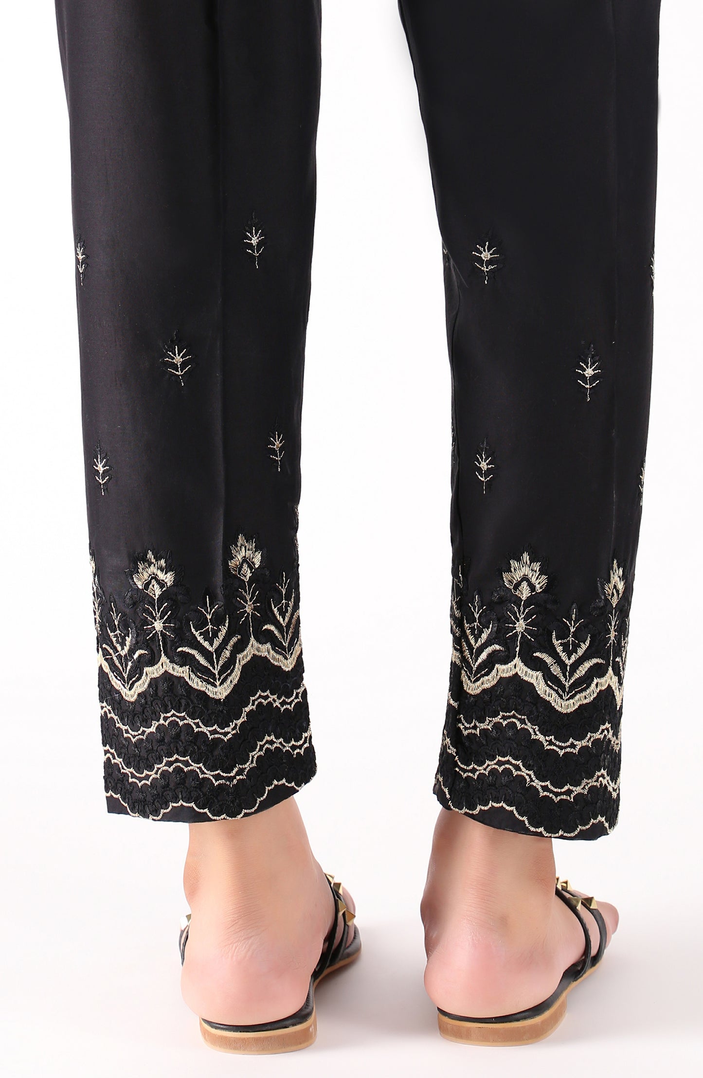 Stitched Bottoms 1 Piece Embroidered Cambric Pants (NRPE-041/S BLACK)