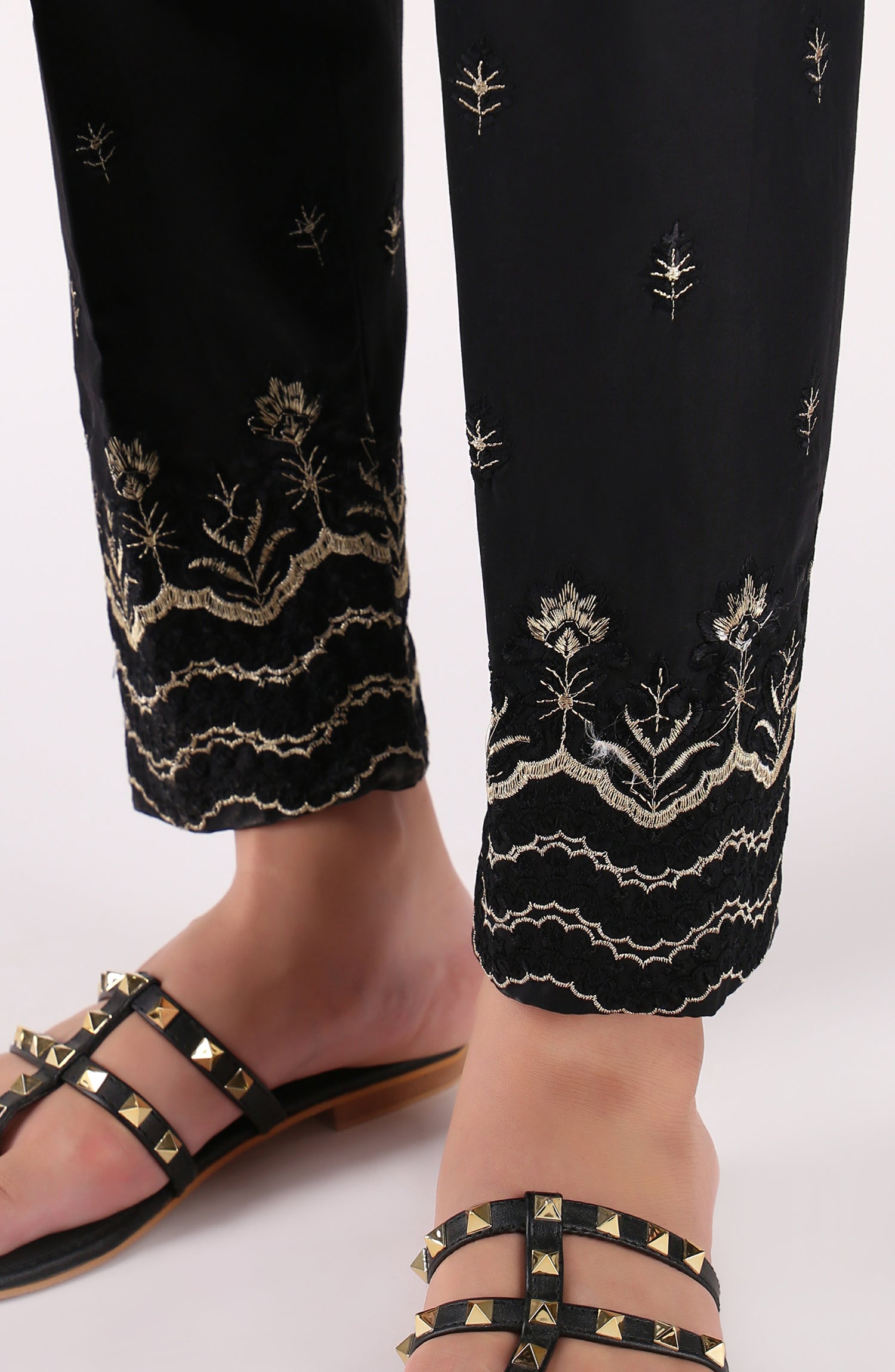 Stitched Bottoms 1 Piece Embroidered Cambric Pants (NRPE-041/S BLACK)