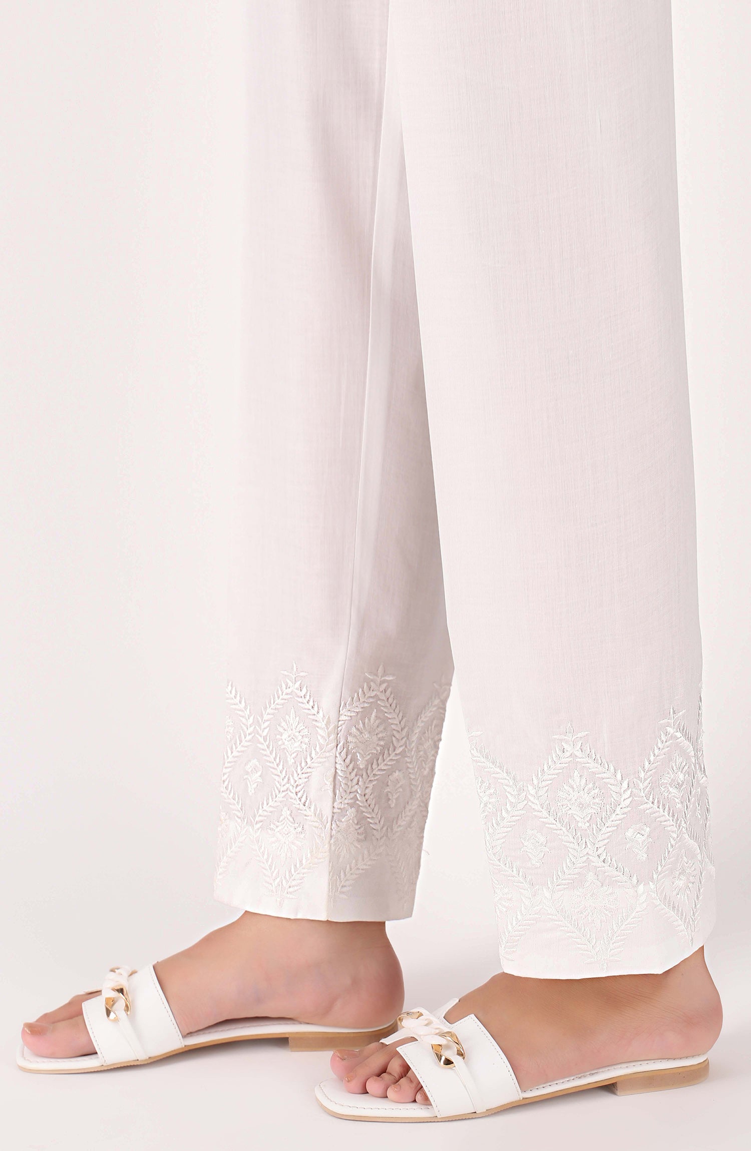 Stitched Bottoms 1 Piece Embroidered Cambric Pants (NRPE-043/S WHITE)