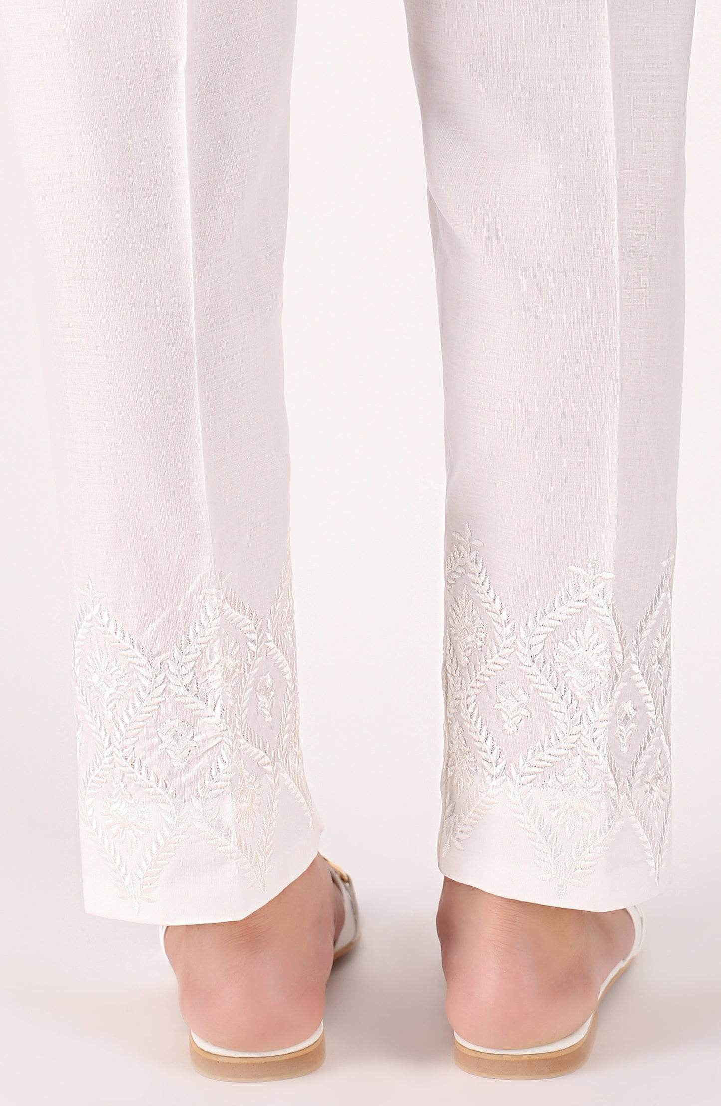 Stitched Bottoms 1 Piece Embroidered Cambric Pants (NRPE-043/S WHITE)
