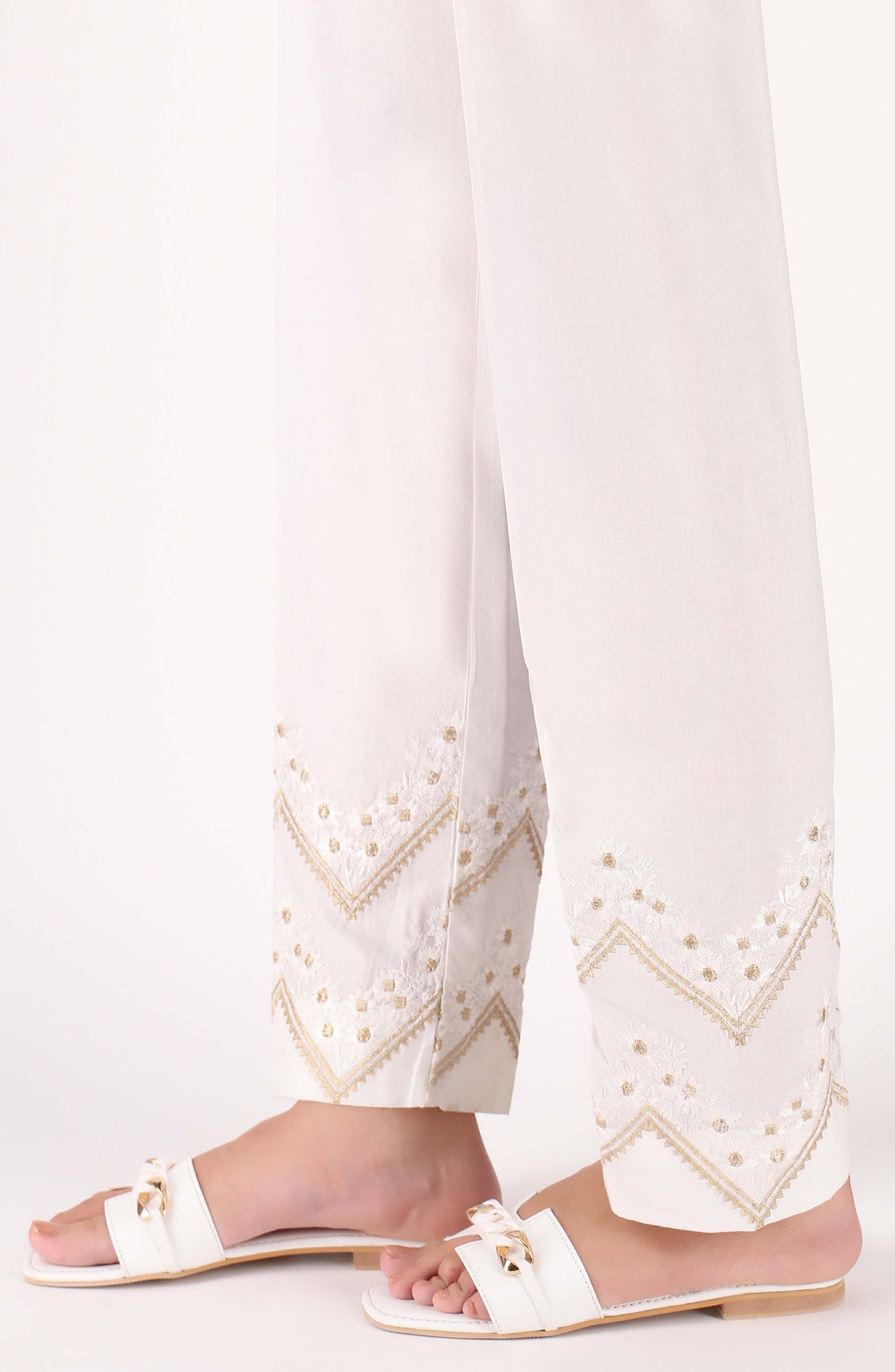Stitched Bottoms 1 Piece Embroidered Cambric Pants (NRPE-037/S WHITE)