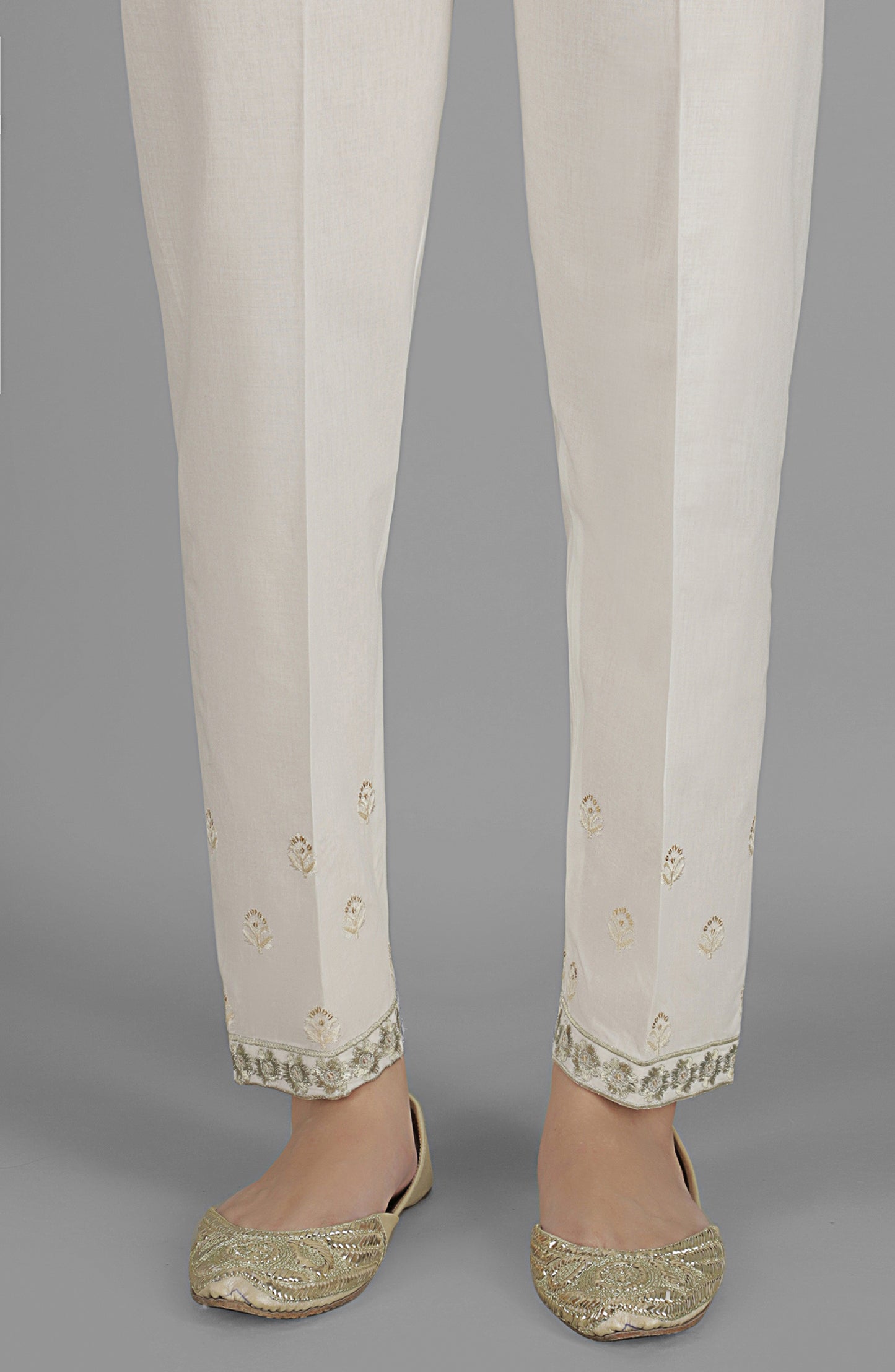 Stitched Bottoms 1 Piece Embroidered Cambric Pants (NRPE-46/S WHITE)