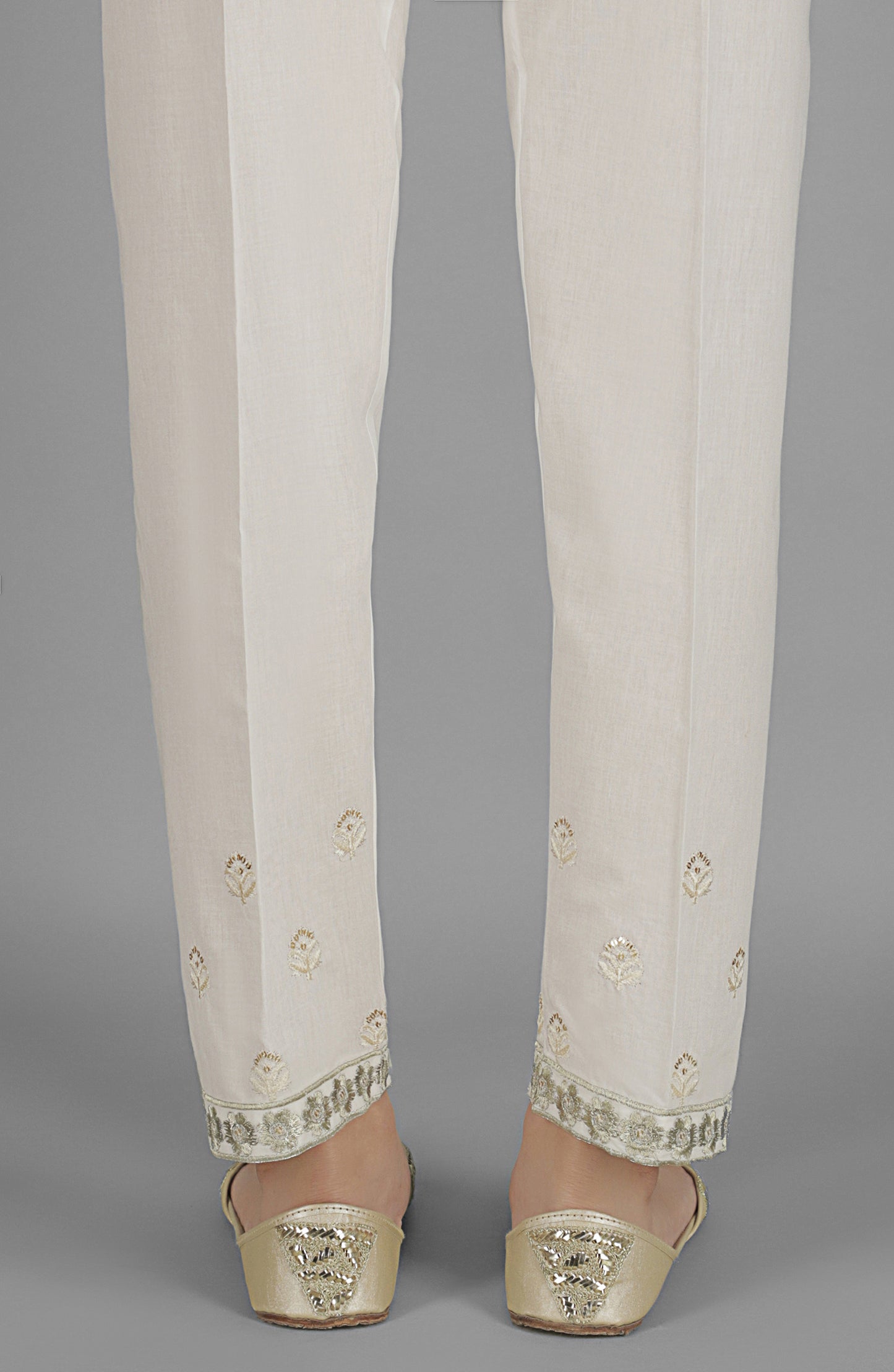 Stitched Bottoms 1 Piece Embroidered Cambric Pants (NRPE-46/S WHITE)