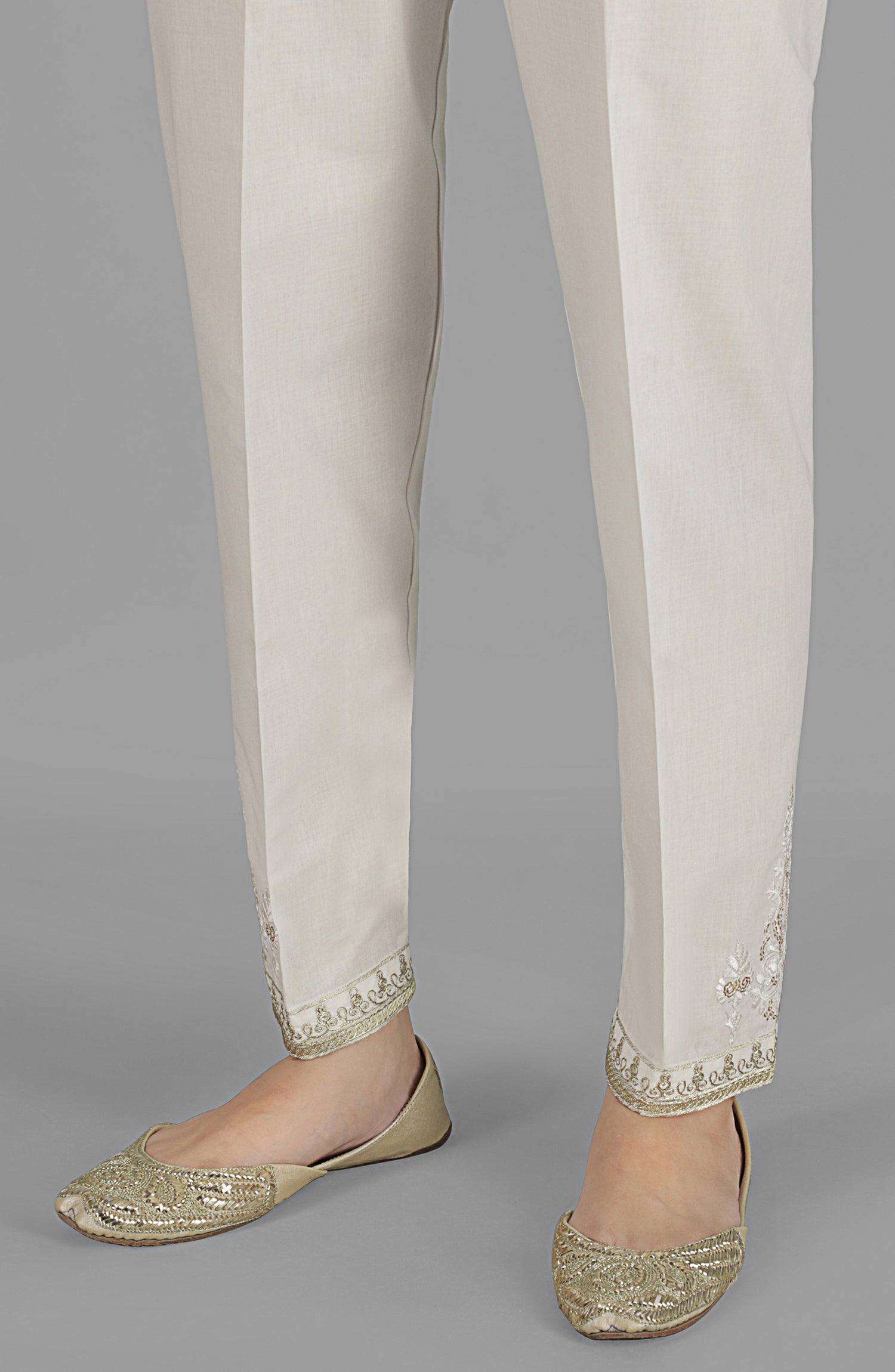 Stitched Bottoms 1 Piece Embroidered Cambric Pants (NRPE-48/S WHITE)