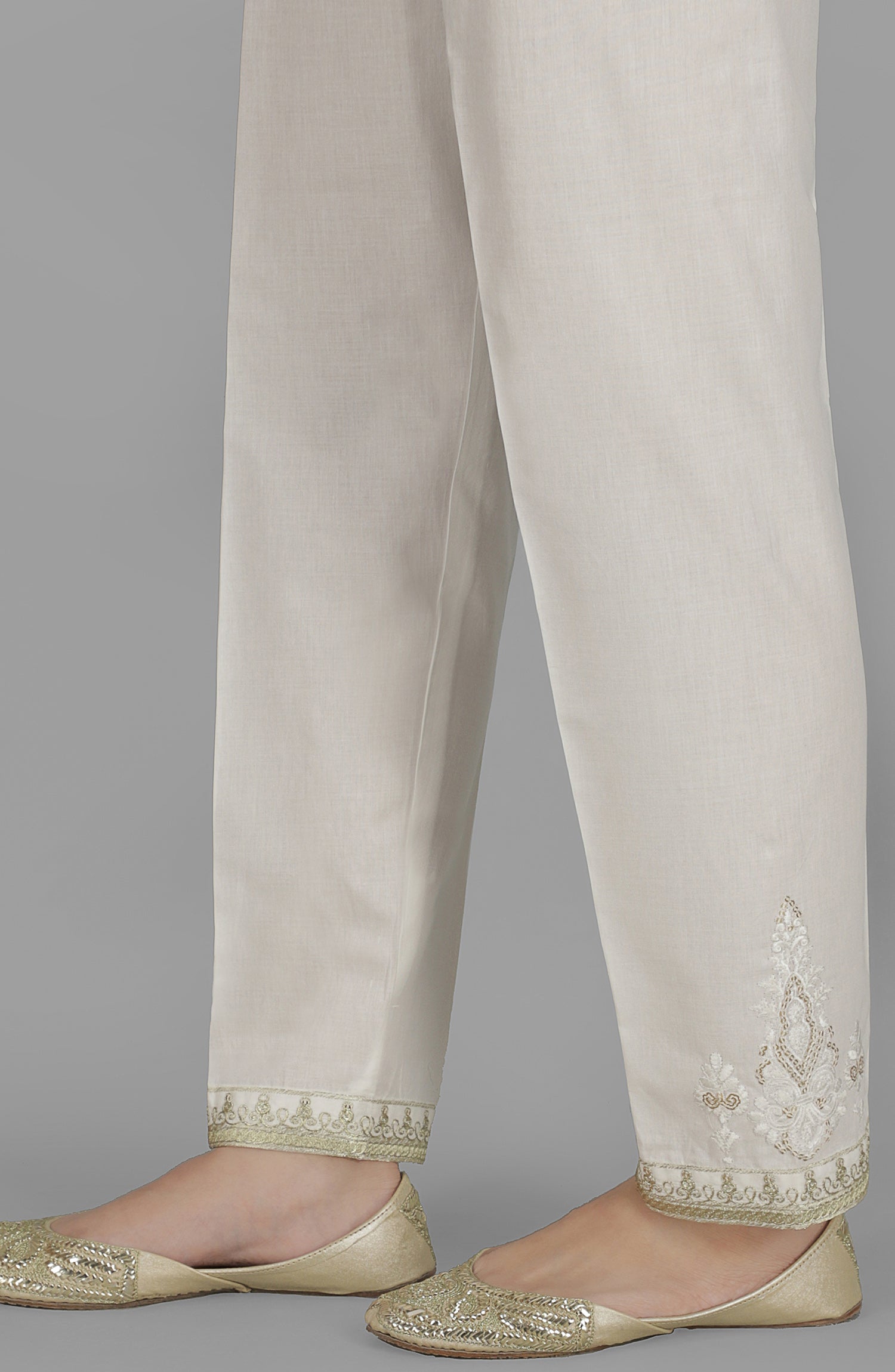 Stitched Bottoms 1 Piece Embroidered Cambric Pants (NRPE-48/S WHITE)