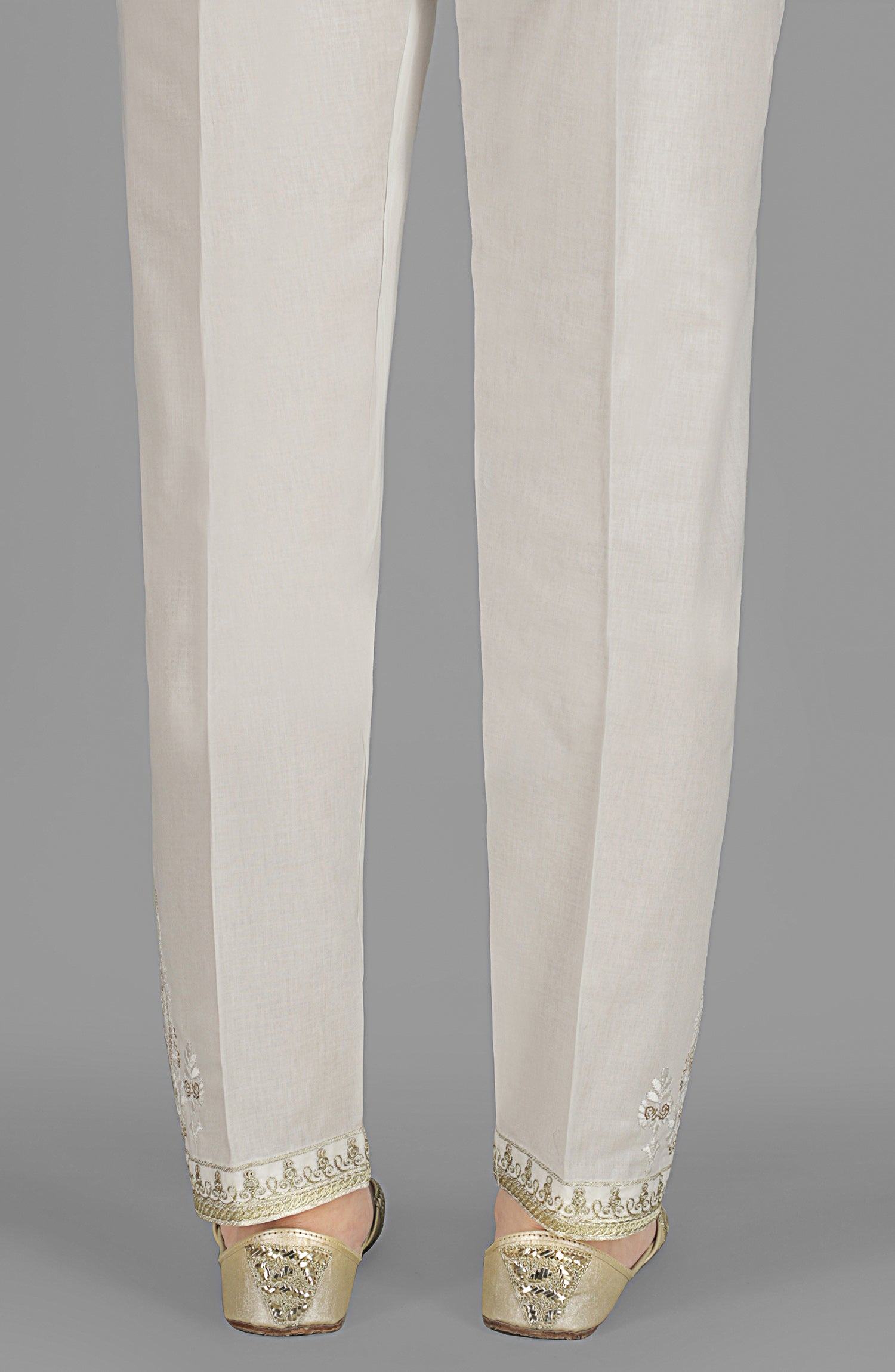 Stitched Bottoms 1 Piece Embroidered Cambric Pants (NRPE-48/S WHITE)