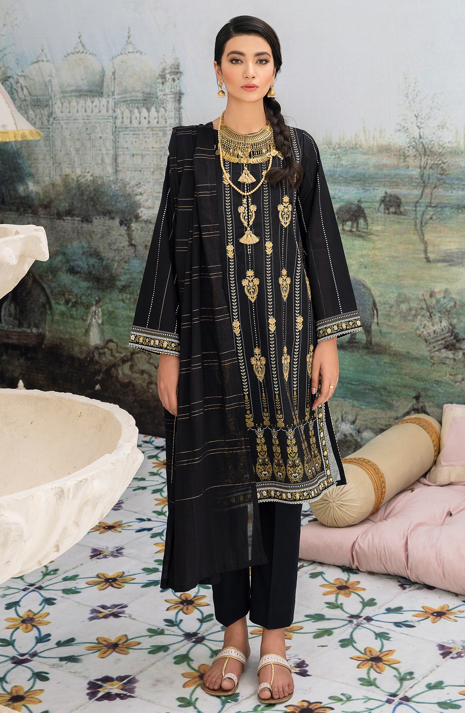 Stitched 3 Piece Embroidered Cambric Suit (OTL-21-047/S BLACK)