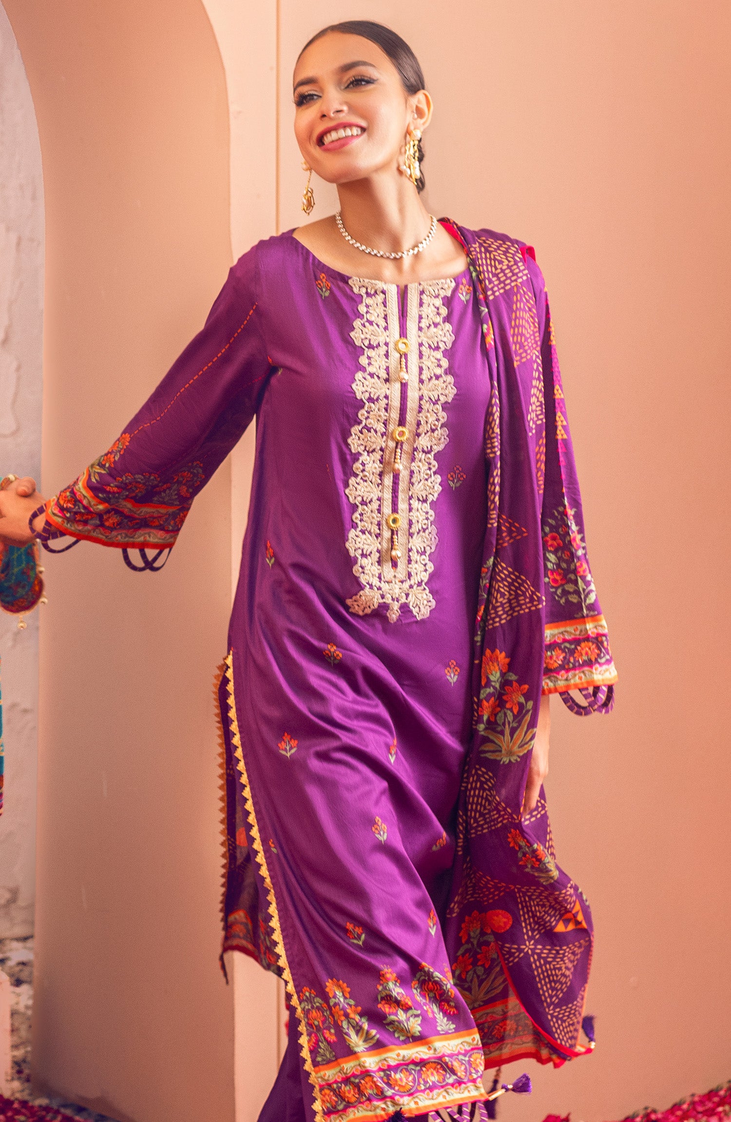 Unstitched 3 Piece Embroidered Lawn Shirt , Cambric Pant and Lawn Dupatta (OTL-22-032/U PURPLE)