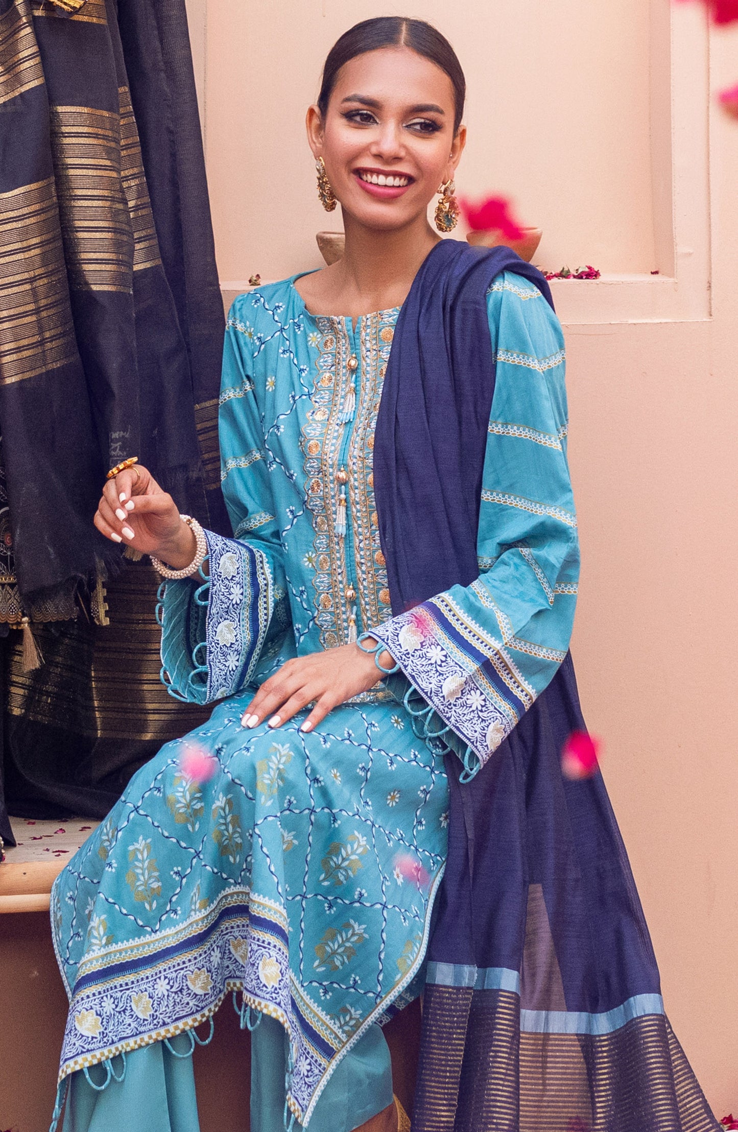 Unstitched 3 Piece Embroidered Jacquard Shirt , Cambric Pant and Yarn Dyed Dupatta
