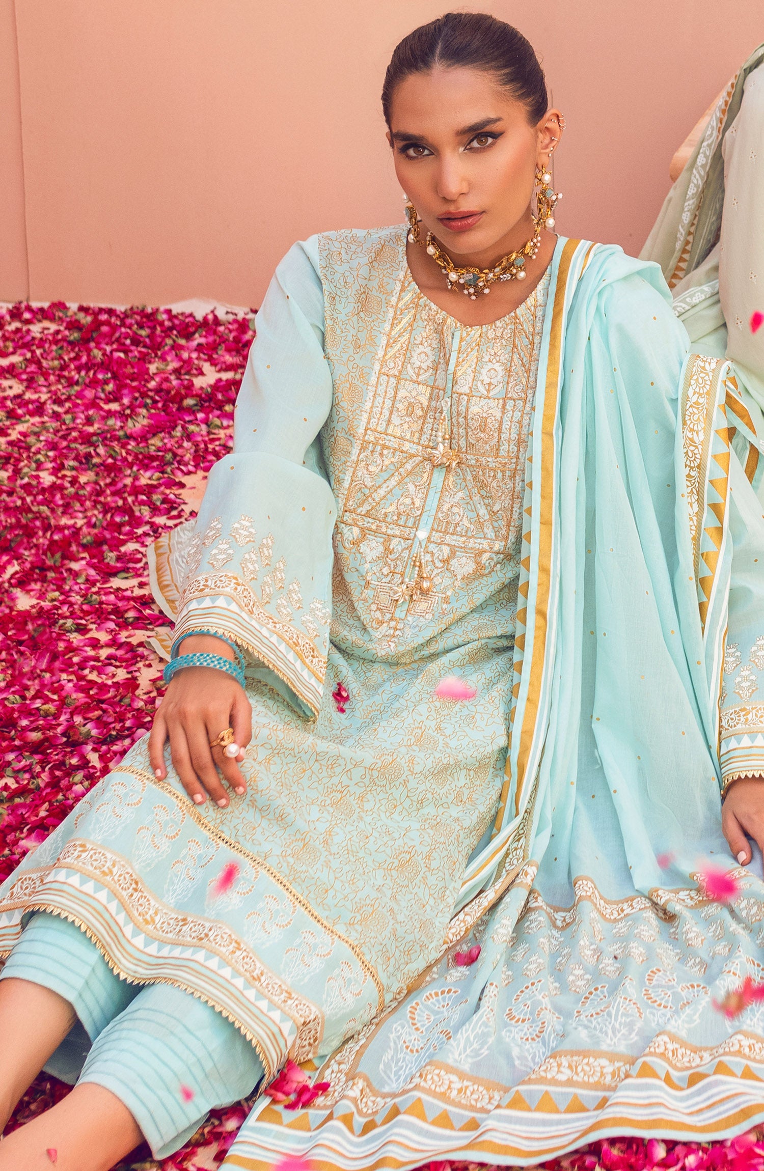 Unstitched 3 Piece Embroidered Lawn Shirt , Cambric Pant and Lawn Dupatta (OTL-22-075/U SKY BLUE)