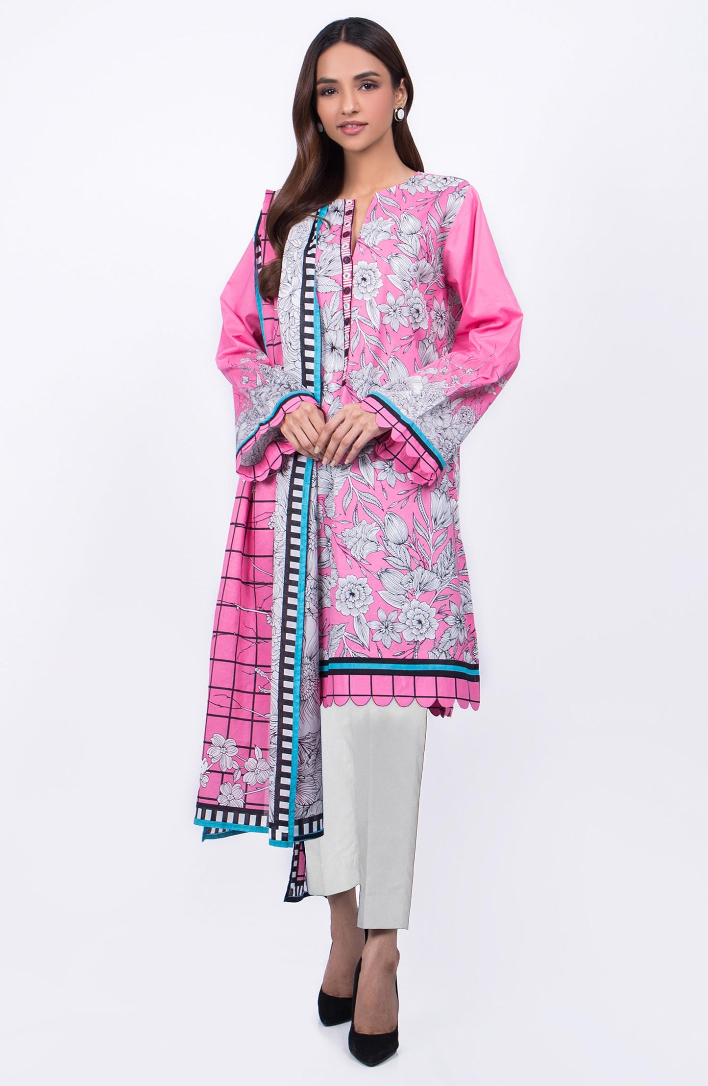 Unstitched 3 Piece Mirror-Work Lawn Suit