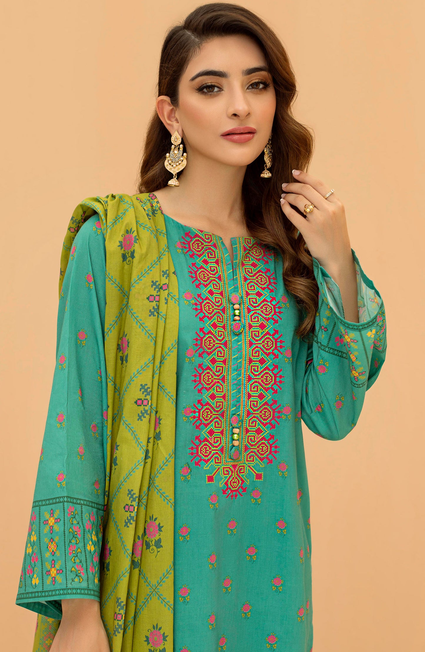 Stitched 3 Piece Embroidered Cambric Shirt , Cambric Pant and Lawn Dupatta